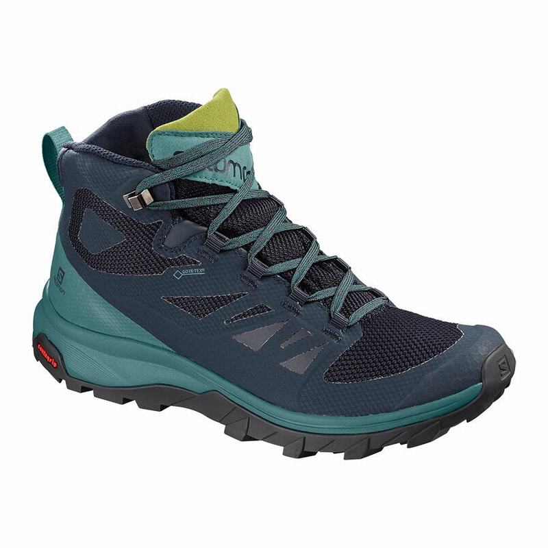 Salomon Singapore Womens Hiking Boots - OUTLINE MID GORE-TEX Navy/Green | 21950-KCDQ